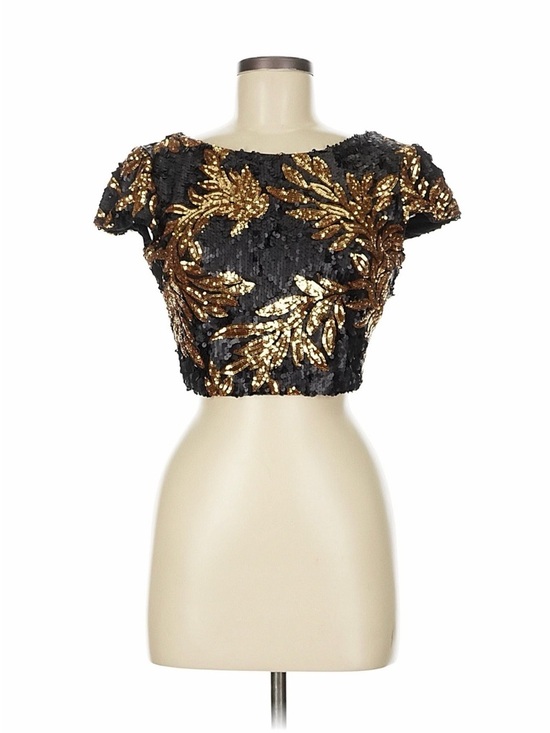 Dress the Population Tops - Dress the Population Black & Gold Sequin Floral Crop Top